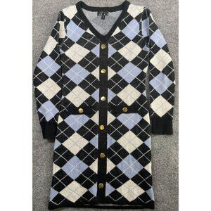 Vintage-Inspired Argyle Cardigan Dress & Gold Buttons M Comfort Casual Style